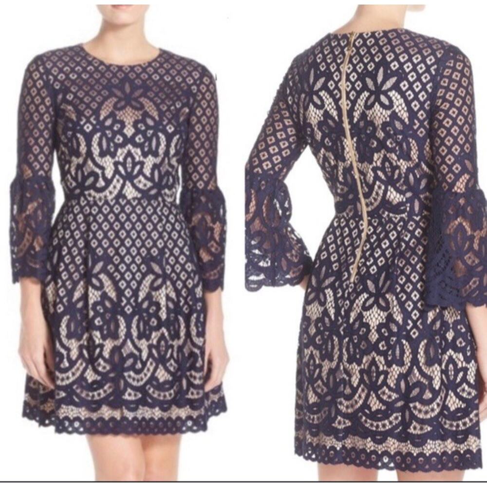 Eliza J Dress Women’s Size 10 Bell Sleeve Lace Overlay Fit & Flare Navy Nude NEW